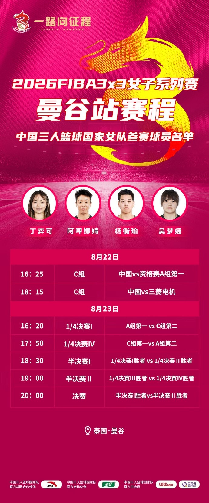 FIBA3x3系列赛曼谷站中国三人女篮名单：阿呷娜婧、吴梦婕在列